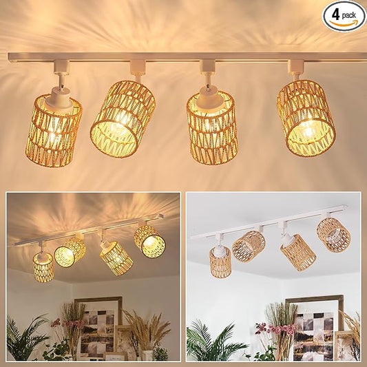 4-Pack H Track Lighting Heads, Rattan Track Light Heads Fixture for H Type Track Lighting Rail, E26 Flexible Track Light Ceiling Fixtures, Adjustable Modern Track Light for Kitchen, No Bulb