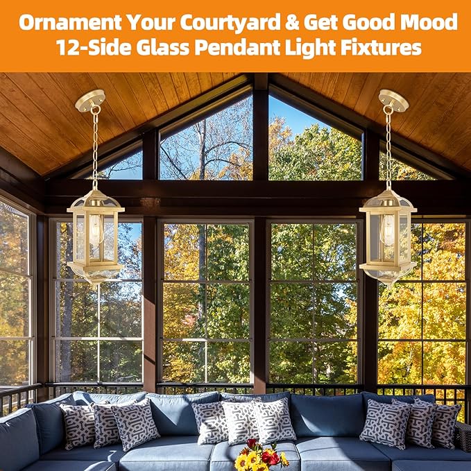 Gold Outdoor Pendant Light for Porch Fully Enclosed, 16 Inch Large Exterior Hanging Light Aluminum Made Anti-Corrosion Outside Ceiling Mount Lights Brass Chandelier Entry Light, E26