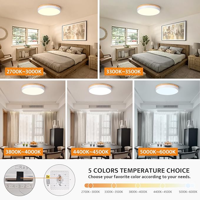 Yiisem Dimmable Wood LED Flush Mount Ceiling Light, 5CCT 2700K-6000K Modern Round Close to Ceiling Lighting Fixtures, Minimalist White Ceiling Lamp for Living Room, Bedroom, Laundry Room