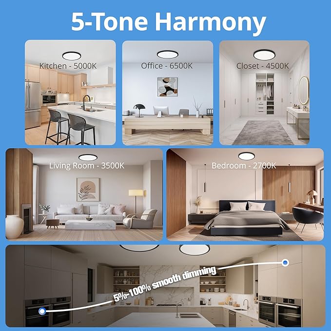 12-inch Round LED Flush Mount Light (1 Pack) - 24W 2640LM Dimmable, 5 CCT Selectable, Easy Install Ceiling Panel Fixture for Bedroom, Kitchen, Hallway, Apartment, Laundry, Matte Black