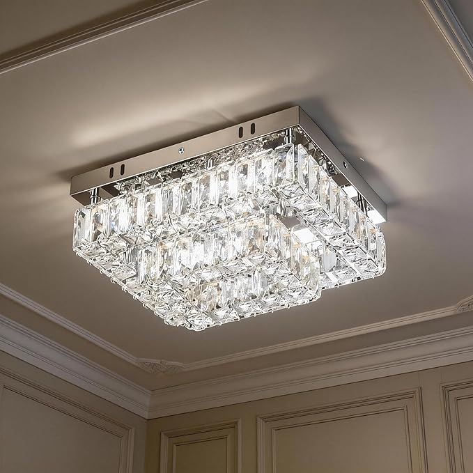 Finktonglan Modern 2-Tier Crystal Flush Mount Ceiling Light, 11.8" Rectangular LED Ceiling Fixture with Multi-Faceted Crystal Prisms, Cool White, 24W Low Profile for Kitchen Dining Hallway