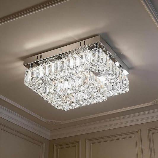 Finktonglan Modern 2-Tier Crystal Flush Mount Ceiling Light, 11.8" Rectangular LED Ceiling Fixture with Multi-Faceted Crystal Prisms, Cool White, 24W Low Profile for Kitchen Dining Hallway