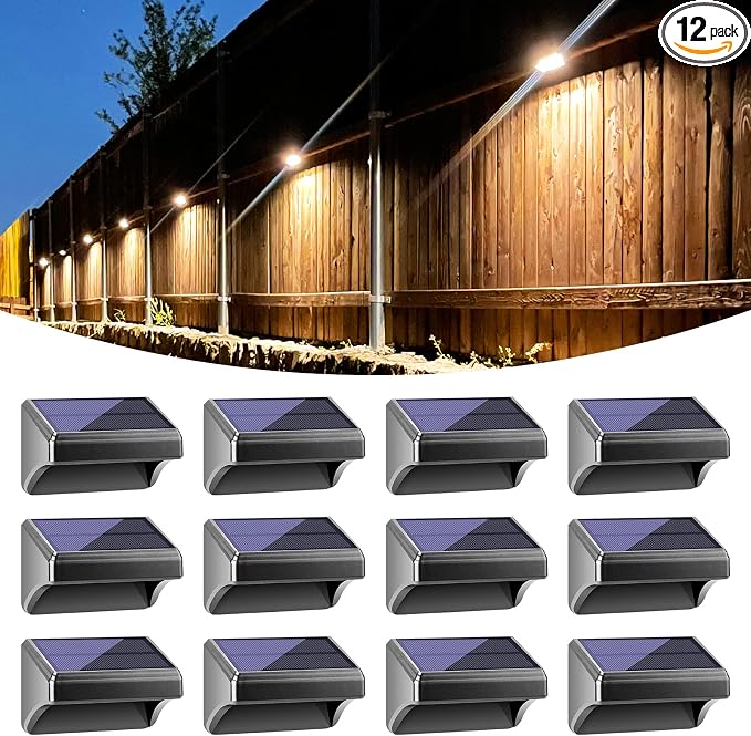 Bridika Solar Fence Lights Warm White & White, Solar Outdoor Wall Lights, Fence Solar Lights Outdoor Waterproof for Step, Backyard, Fence, Wall, Patio, Deck Railing, Stair (12 Pack)