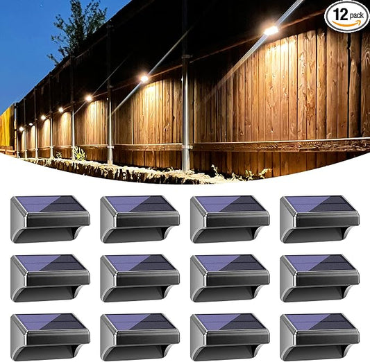 Bridika Solar Fence Lights Warm White & White, Solar Outdoor Wall Lights, Fence Solar Lights Outdoor Waterproof for Step, Backyard, Fence, Wall, Patio, Deck Railing, Stair (12 Pack)
