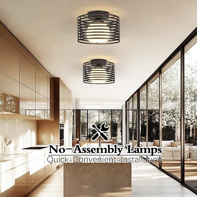 Modern Industrial Semi Flush Mount Ceiling Light, 1-Light Black Farmhouse Ceiling Light Fixture with Glass Shade, Hallway Lighting Fixture for Kitchen, Bedroom, Bathroom, Foyer, Laundry room 9.0in