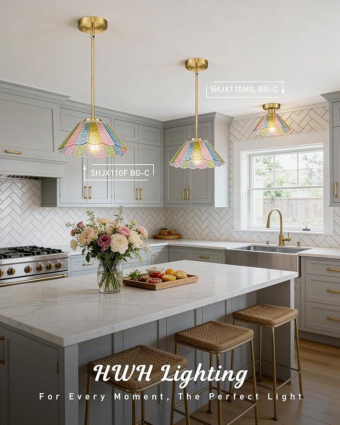 Semi Flush Mount Ceiling Light, HWH Modern Light Fixtures Ceiling Mount with Colored Floral Glass, 10 Inch Kitchen Ceiling Light Fixture for Bedroom Kitchen Foyer, Gold Finish, 5HJX110F BG-C