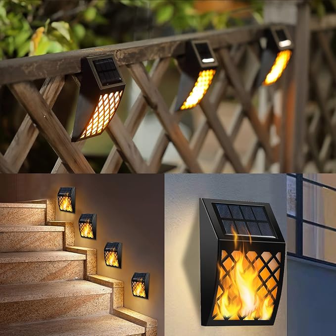 Dynaming Solar Flame Wall Lights Outdoor, 8 Pack Solar Powered Wall Lights, Flickering Flame Auto On/Off Wall Mounted Fence Deck Lights Lattice Decorative for Garage Garden Pathway Patio Porch Yard