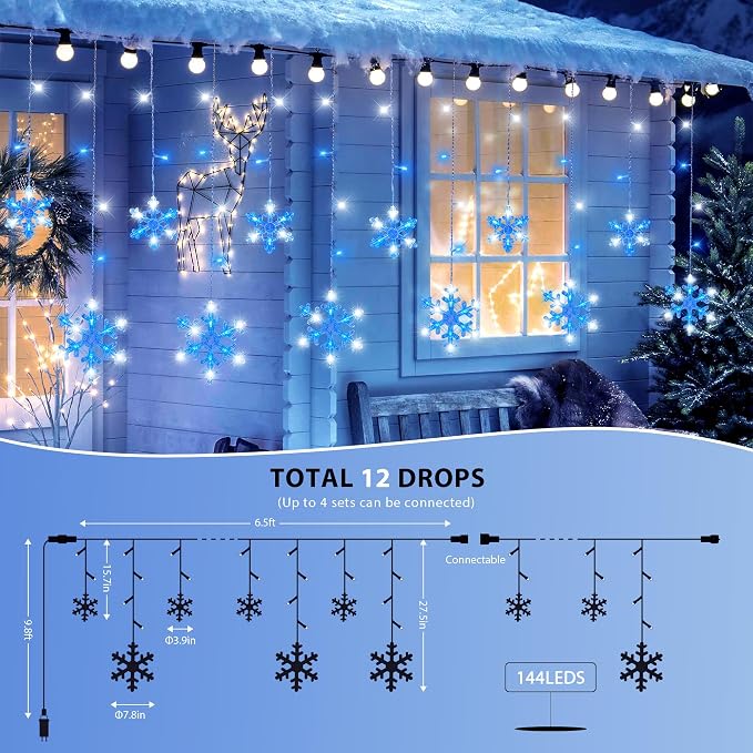 Christmas Snowflake Icicle Lights,6.5ft 144LED Curtain Lights with 12 Drops,Timer 8 Modes Connectable,Waterproof Fairy Light for Eaves, Garden, Indoor Outdoor Xmas Decoration (Blue White)