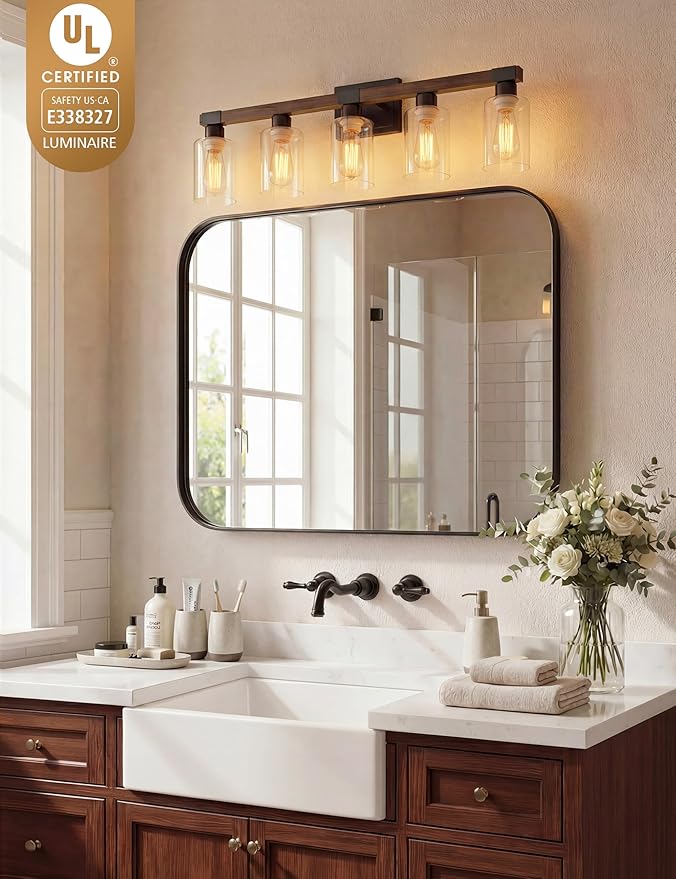 VOLISUN Farmhouse Bathroom Light Fixtures, 5 Light Bathroom Vanity Lights Over Mirror, Rustic Vanity Light for Bathrooms,Wood Bathrooms Lights Fixtures Over Mirror-UL Certificated