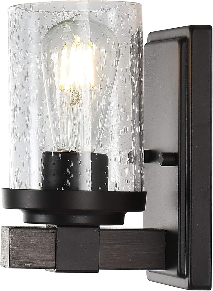 JONATHAN Y 4.5" Oil Rubbed Bronze LED Vanity Light, Rustic Farmhouse Sconce, Clear Seeded Glass Shade, Industrial Wall Lamp for Bathroom Mirror, Kitchen Sink, LED Bulb JYL7507A