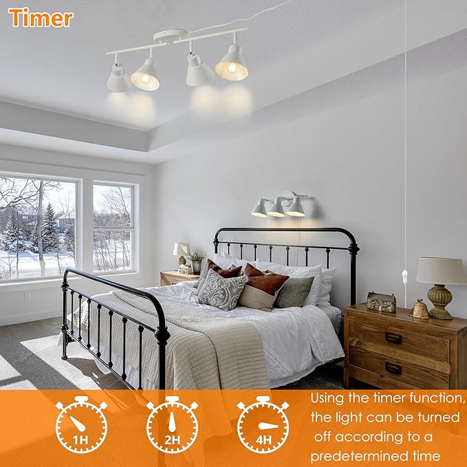 4 Light Plug in Track Lighting Kit,Modern Plug in Ceiling Light Fixture,16.4ft Cord,Timer & Dimming Switch,4 Way Ceiling Spot Lighting,Flexibly Rotatable Light Head (White)