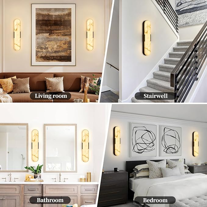 2 Pack Alabaster Wall Sconces 20" Spanish Natural Marble Wall Lights, Indoor Black Mid Century Marble Wall Lighting Bathroom Alabaster Wall Lamps for Bedroom Living Room Stairway Cafe