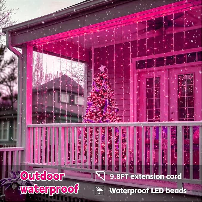 Curtain Light for Bedroom, 200LED 6.6x6.6ft Pink Window Wall Hanging Fairy Curtain String Light, 8 Modes Remote Fairy String Lights Indoor for Wedding Party Home Garden Decorations