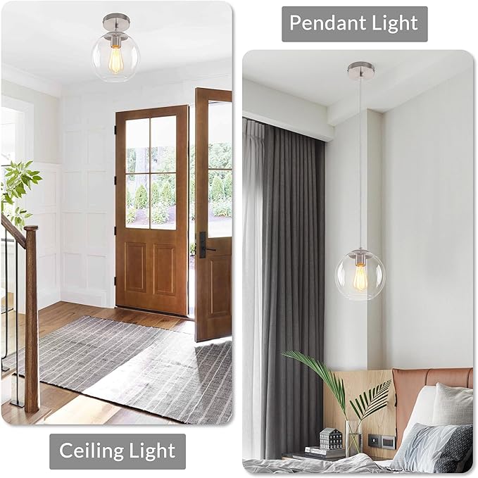 Globe Pendant Light, Modern Hanging Lighting Fixture, Classic Cluster Chandelier with Clear Glass Shades(Brushed Nickel, 1 Lights, 4.7 Inch)
