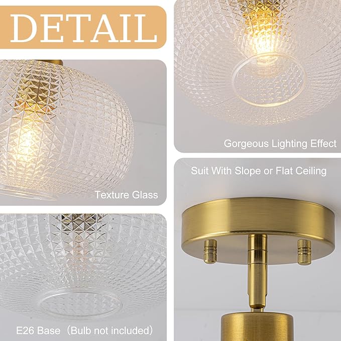 EDISLIVE 9.8" Glass Semi Flush Mount Ceiling Light E26 Vintage Globe Ceiling Lamp with Clear Plaid Glass for Hallyway Kitcen Bedroom Gold