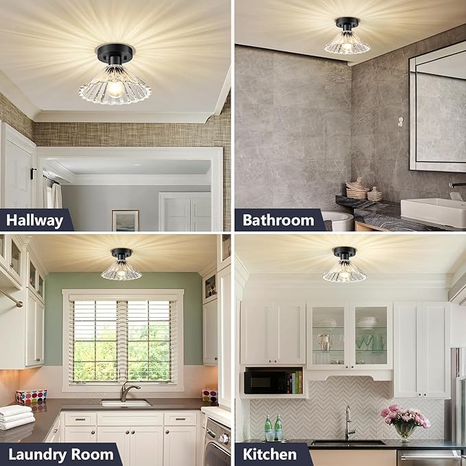 Modern Round Glass Ceiling Light, Mid-Century Lighting Fixtures, Black Semi Flush Mount Ceiling Light for Hallway, Kitchen, Laundry Room, Bathroom, Entryway, 9.7 in