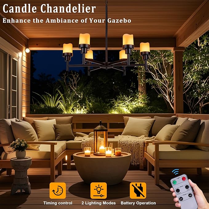 Battery Operated Chandelier, Outdoor Hanging Candle Lights Battery Gazebo Lights, Outdoor Chandelier for Gazebo, Canopy, Pergola, Porch, Tent Decor (6)
