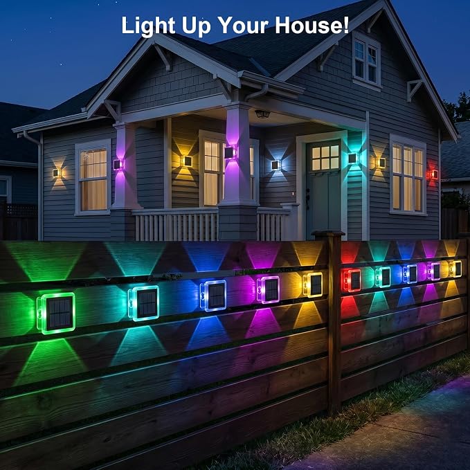 AUDLES Solar Lights Outdoor Waterproof, 4-Sided Glow Solar Wall Lights, Warm White & RGB 8 Modes Color Changing Solar Fence Lights for Doorway Patio Deck Backyard-8 Pack