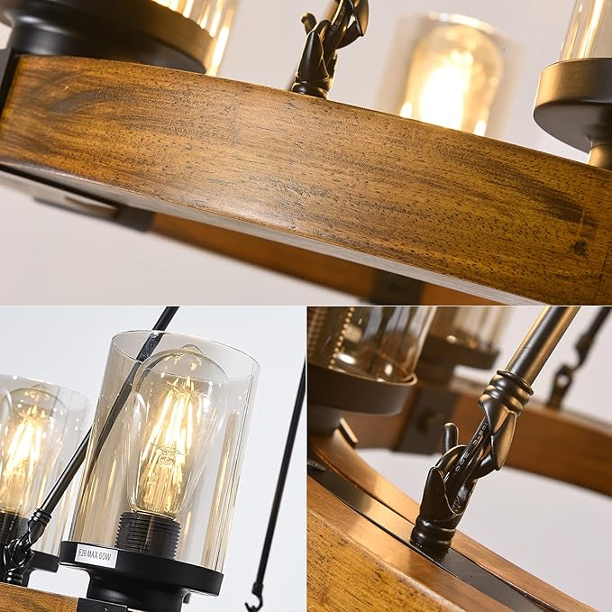 Wooden Four Wheel Chandelier Farmhouse Chandelier Round Vintage Candle Glass Dining Room Light 22 Inch Wide Modern Rustic Living Room Chandelier
