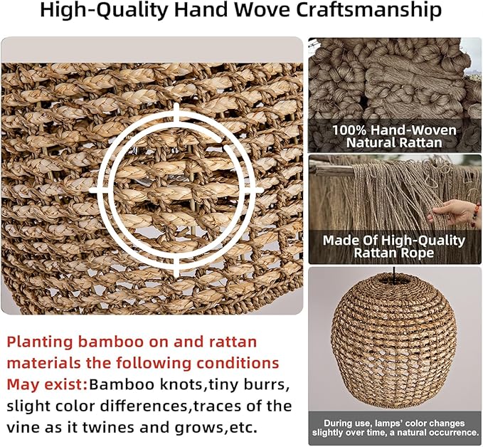 13.77" Brown Rattan Pendant Light Fixtures,1-Light Boho Seagrass Pendant Light,Hand Woven Water Plants Rattan Chandelier for Dining Living Bedroom Kitchen Farmhouse