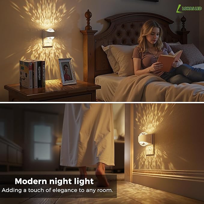 L LOHAS LED Night Light,Projector Night Light with Dusk to Dawn Sensor,3000K Soft White, Brightness Adjustable,Plug in Nightlight for Bathroom,Bedroom,Hallway,Party,Home Decor