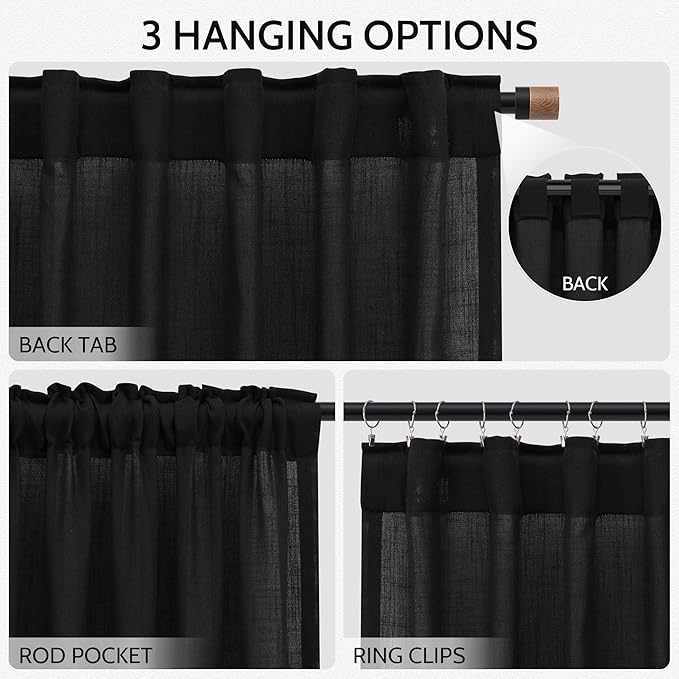 Nanspring Vintage Black Linen Curtains 96 Inches Long for Living Room Light Filtering Semi Sheer Curtain Back Tab Privacy Luxury Gothic Vintage Decor Drapes for Bedroom Office 52x96, 2 Panels