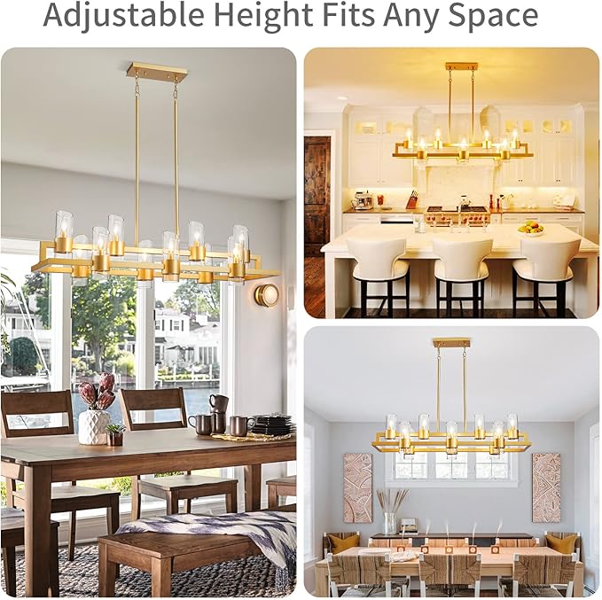 WUZUPS Island Rectangle Chandelier 10-Light with Clear Glass Industrial Modern Farmhouse Linear Light Fixture for Dining Room Kithen Island, Width 42.5" Height 10.4", Gold
