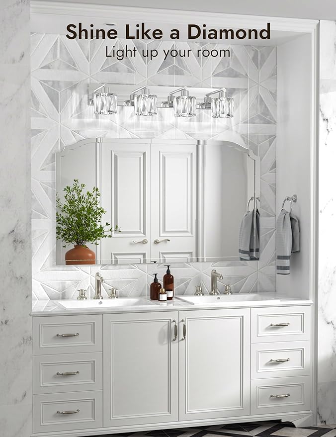 VOLISUN Crystal Vanity Lights for Bathroom, 4 Light Modern Stainless Steel Bathroom Light Fixtures Over Mirror, Chrome Bathrooms Lights Fixtures - UL Certificated (Exclude Bulb)