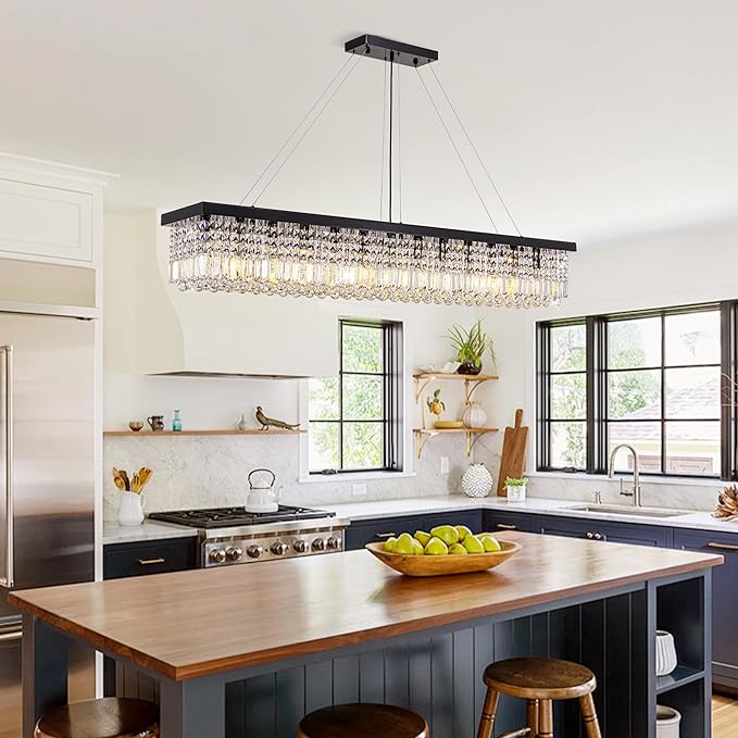 59-inch Modern Crystal Chandelier,13-Light K9 Crystal Rectangle Chandelier for Dining Room,Kitchen Island Adjustable Hanging Pendant Light Fixture,Black Finish