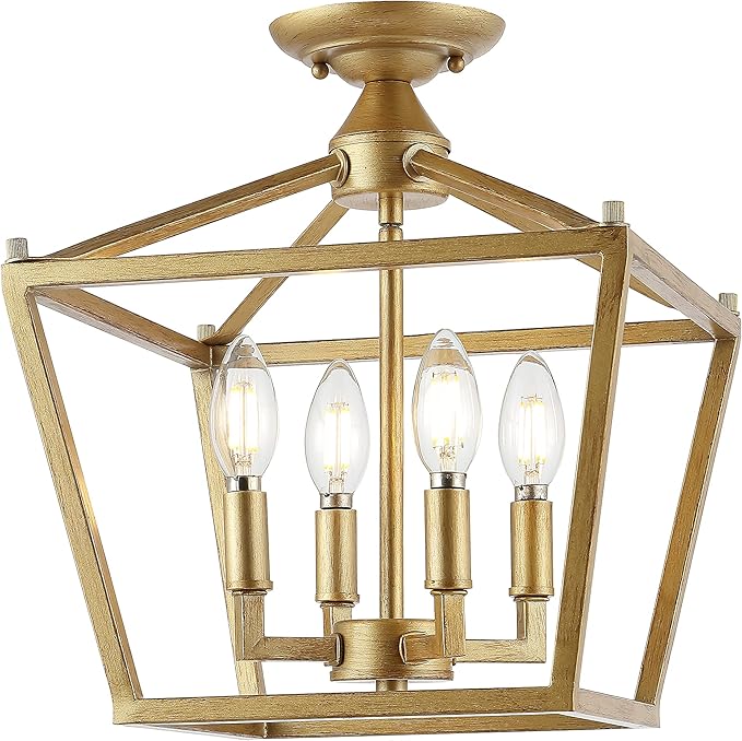 JONATHAN Y 12" Brass Gold Modern Farmhouse Pagoda 4-Light LED Semi Flush Mount Lantern, Metal Ceiling Light Fixture for Kitchen, Hallway, Entryway, Bedroom, Hardwired (JYL7610B)