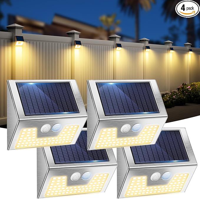 vighep 4 Pack Solar Lights Outdoor Motion Sensor, Waterproof Fence Lights 3 Lighting Mode, Warm White LED Outside Light Wireless for Fence Wall Yard Steps Stairs Garden -Stainless Steel