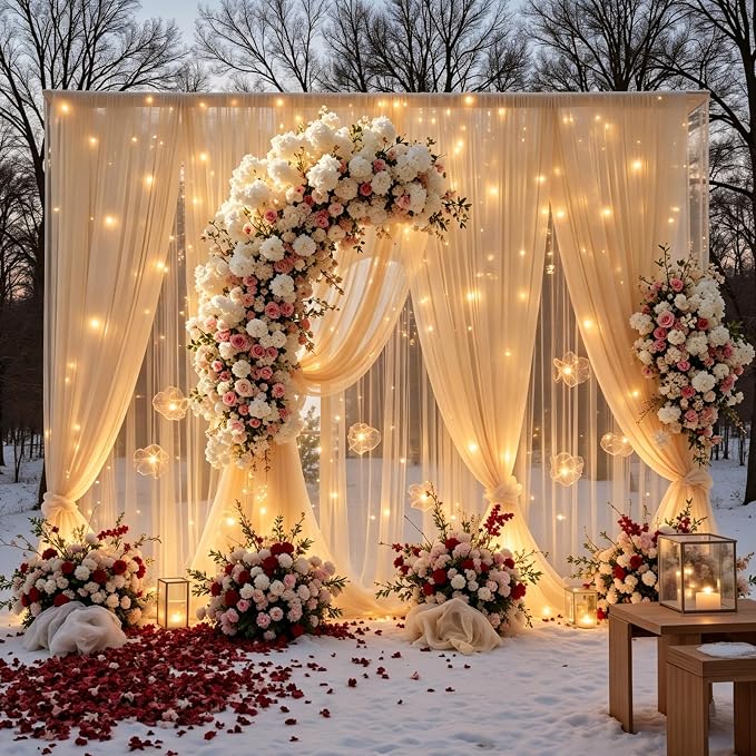 Champagne Tulle Backdrop Curtains with Lights String for Parties - 20×10Ft Sheer Backdrop Curtains with Lights for Wedding, Baby Shower, Birthday Party, Photo Shoot Background Decoration