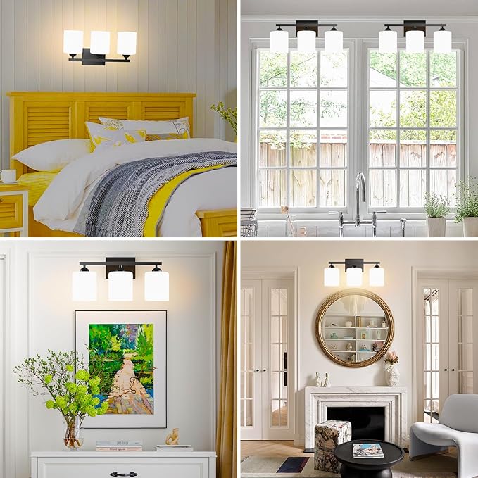 Quntis Black Bathroom Light Fixtures Over Mirror 5 Colors Adjustable, 3 Lights LED Bathroom Vanity Lighting with Milky White Frosted Glass Shade, Energy-Saving LED Vanity Light 18.9 inch