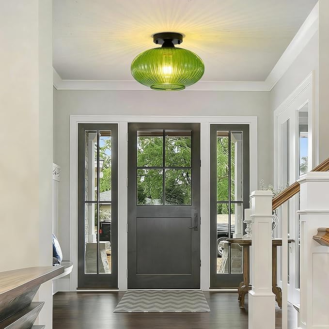 Green Vintage Glass Semi-Flush Ceiling Light - Mid Century Modern Art Deco Lighting Fixture for Hallway, Kitchen, Dining Room, Entryway, Foyer, Porch, Laundry Room
