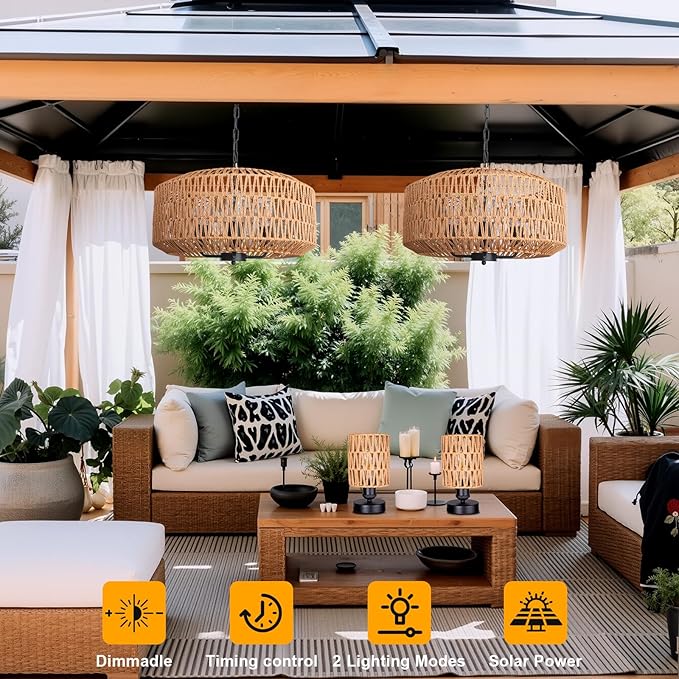 Outdoor Solar Chandelier, 4-Light 20" Rattan Outdoor Chandelier, Hanging Waterproof Pendant Lights, for Gazebo, Porch, Patio, Pergola