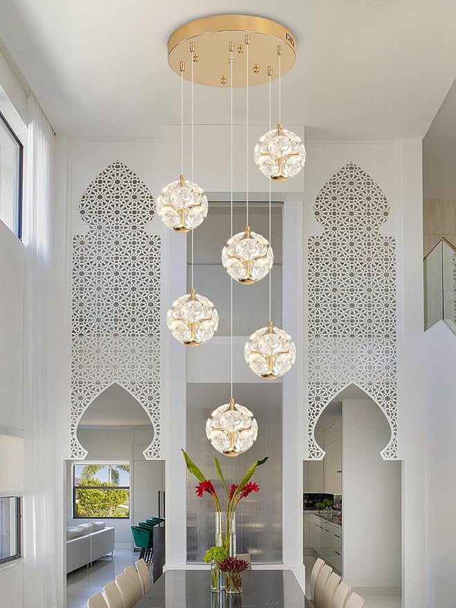 ykolupty LED Staircase Chandelier Modern Crystal Globe Pendant Light Crystal Chandeliers for High Ceilings,Gold Hanging Lighting Fixture for Villas Foyer Hallway Entryway (6-Lights)