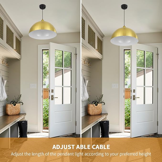 Gold Pendant Light, 20" Farmhouse Ceiling Light with Gold and White, Elegant Semi-Circular Shade Design, Adjustable Height Industrial Dome Pendant Lights for Kitchen Island, Dining Room