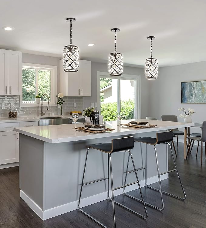 JONATHAN Y 8" Oil Rubbed Bronze 1-Light Iron and Crystal Drum Pendant Light, Modern Glam Ceiling Fixture for Kitchen Island, Adjustable Height, ETL Listed, LED Bulb Included JYL9506A