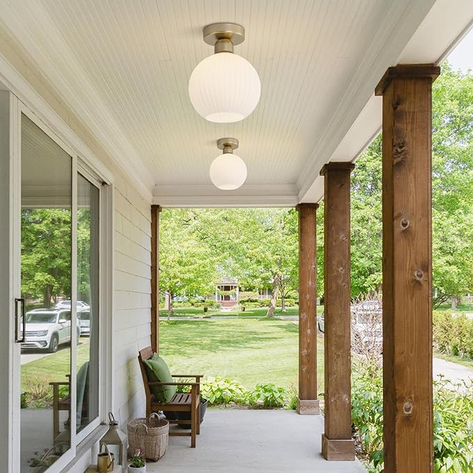 KCO Lighting 1 Ribbed Glass Flush Mount Ceiling Light Set of 2 Small Globe Round Semi Flush Mount Mid Century Modern Entry Hallway Light 2 Pack Gold and White