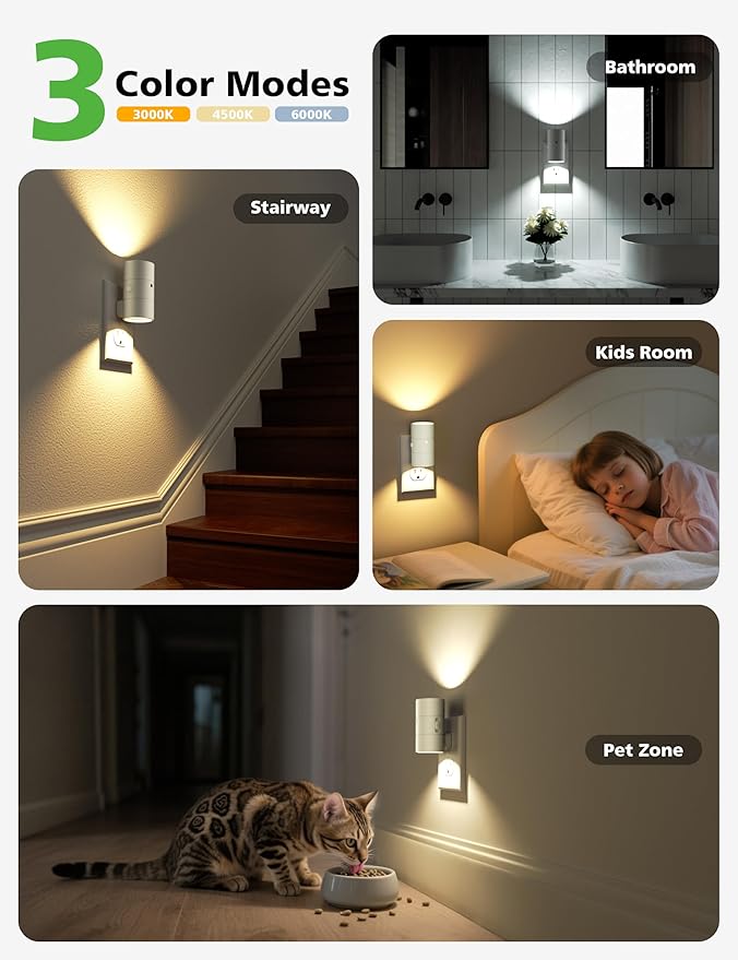 JOFIOS Night Lights Plug Into Wall,Dimmable LED Nightlight with Dusk to Dawn Sensor,0-100LM Adjustable Brightness,3 Color Temperatures,Night Light for Hallway Bathroom Stair Bedroom,White,4 Pack