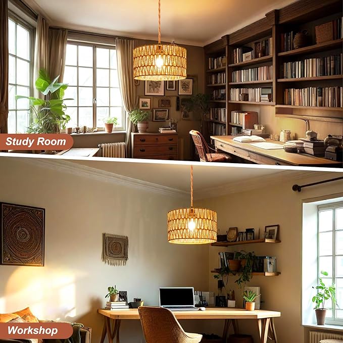 Plug in Pendant Light,Rattan Hanging Lights with Plug in Cord,Handmade Hanging Lamp Plug in,Rattan Light Fixtures Ceiling Hanging for Living Room Bedroom