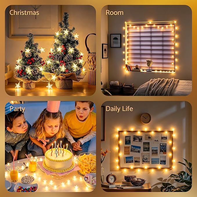 Star String Lights Twinkle Lights Battery Operated, 17 ft 50 LEDs Classroom Decor Fairy Lights, String Lights Battery Powered for Kids Bedroom Wedding Mantel Patio Dorm Decor, Warm White