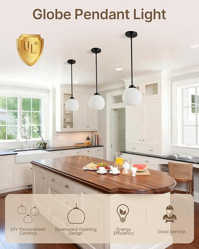 Majade Globe Pendant Lights Kitchen Island Pendant Light Fixtures 7.4 Inch Black Mid Century Modern Globe Pendant Lighting with Milk Glass Adjustable Hanging Light Fixtures for Dining Room living room