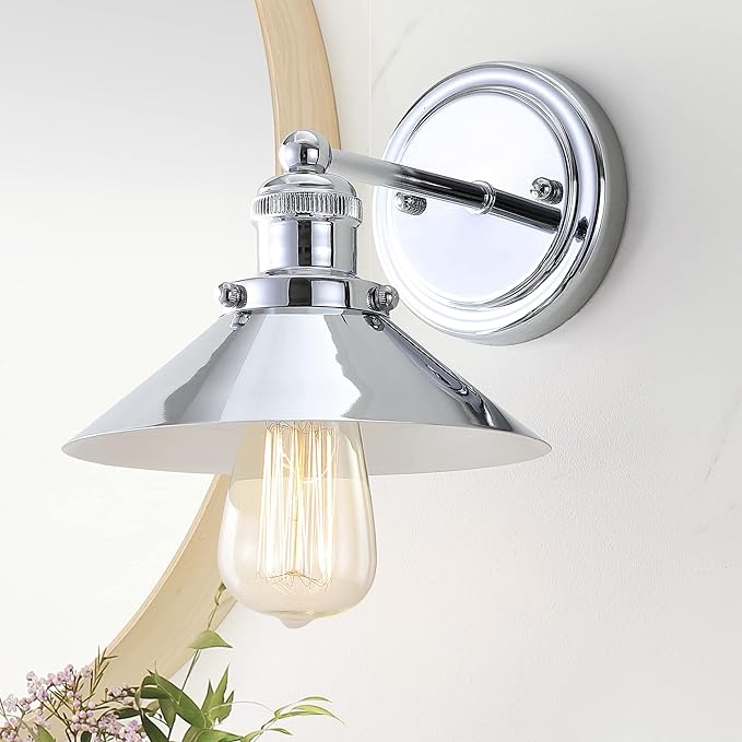 JONATHAN Y 7.8" Chrome 1-Light Industrial Farmhouse Metal Vanity Light Wall Sconce, Metal Shade for Bathroom Mirror, Kitchen, Entryway, LED Bulb Included JYL7423A