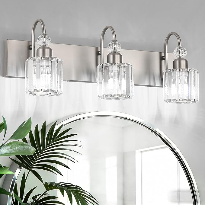 Ralbay Brushed Nickel Vanity Light for Bathroom Crystal 3-Light Modern Bathroom Light Fixtures