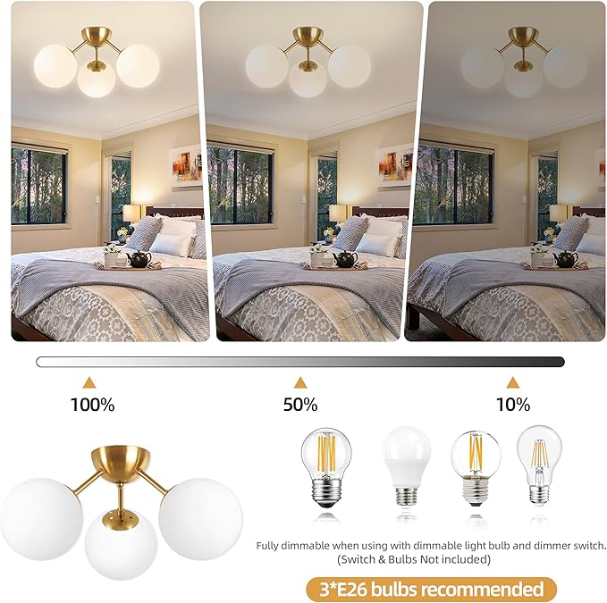 Mid-Century Modern Semi Flush Mount Ceiling Light 3 Lights Opal Glass Modern Globe Ceiling Light Gold Brass Sputnik Chandeliers for Hallway Entryway Kitchen Bedroom Laundry(Bulb Incl.)