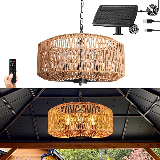 Outdoor Solar Chandelier, 4-Light 20" Rattan Outdoor Chandelier, Hanging Waterproof Pendant Lights, for Gazebo, Porch, Patio, Pergola