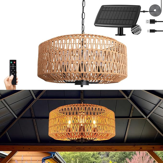 Outdoor Solar Chandelier, 4-Light 20" Rattan Outdoor Chandelier, Hanging Waterproof Pendant Lights, for Gazebo, Porch, Patio, Pergola