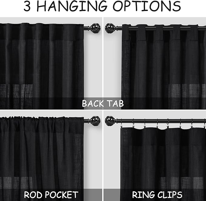 Black Linen Curtains 63 inches Long for Bedroom Back Tab Semi Sheer Curtains Mini Small Window Modern Decor Cotton Textured Gauze Curtain for Bathroom Kitchen Door Basement 2 Panel Set 38x63