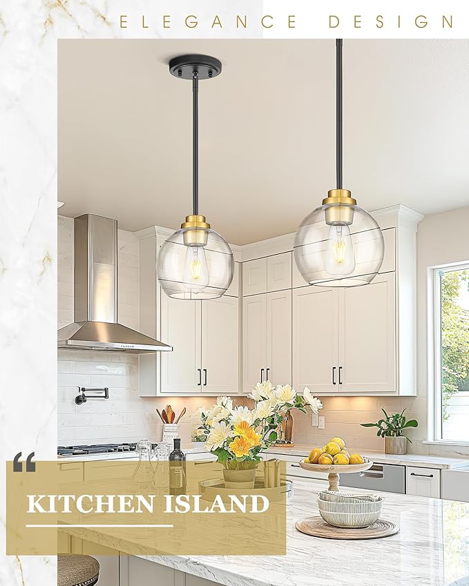 Pendant Lights Kitchen Island, 7" Black and Gold Hanging Lights Fixtures with Clear Glass Globe Shade, Modern Kitchen Island Lighting for Bathroom, AD-22280-1P-KG
